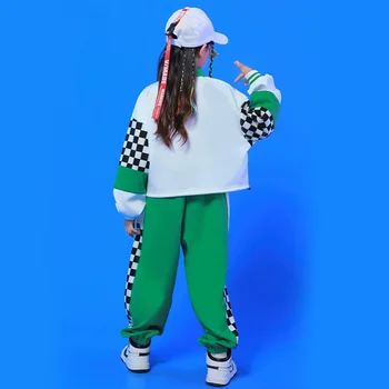 Dieťa Hip Hop Oblečenie Biela Zelená Polo Mikina Kockovaná Bežné Jogger Potu Nohavice pre Dievča, Chlapca, Tanečných Kostýmov, Oblečenie Oblečenie Obrázok 3