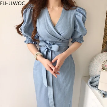 Kórea Elegantné Ženský Vestidos Hot Predaj Ženy Elegantné Office Lady Modrá Motýlik Krajky-Up Jednodielne Šaty Obrázok 0