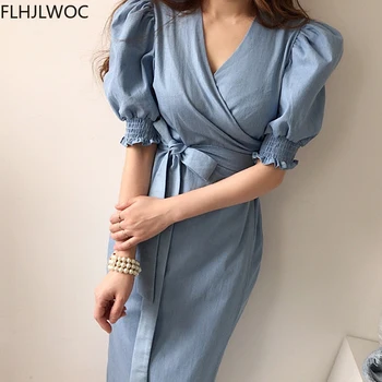 Kórea Elegantné Ženský Vestidos Hot Predaj Ženy Elegantné Office Lady Modrá Motýlik Krajky-Up Jednodielne Šaty Obrázok 2