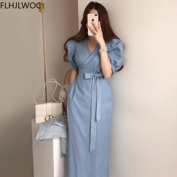 Kórea Elegantné Ženský Vestidos Hot Predaj Ženy Elegantné Office Lady Modrá Motýlik Krajky-Up Jednodielne Šaty Obrázok 4