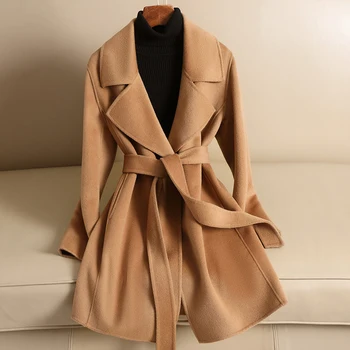 Obojstranné Cashmere Kabát Ženy Oblečenie na Jeseň Zima Dámy Zákopy Srsti Bundy Strednej dĺžky Módne Ženy 100% Vlnené Kabát Lq