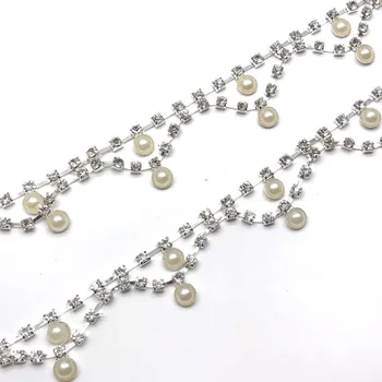 10Yards Striebro Drahokamu Výbava Perly Crystal Diamante Orezávanie Šiť na Svadobné Svadobné Šaty Obrázok 3