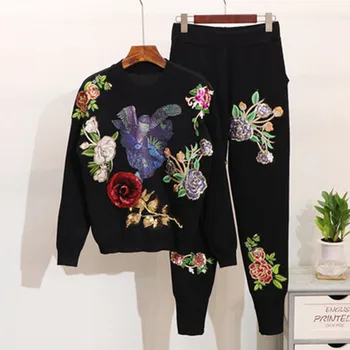 2020 Jeseň Ženy oblečenie Móda Sequined Výšivky, Kvetinové Pletený Sveter+Bežné Nohavice Dámske dvojdielne plavky Oblečenie Obrázok 1
