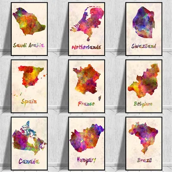 Abstrakt Akvarel Krajiny Sveta Mapu Plátno Umenie Výtlačkov Francúzsko Španielsko Farebný Plagát Nástenné Maľby Pre Obývacej Miestnosti Dekorácie