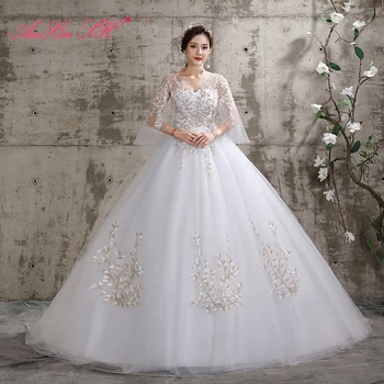 AnXin SH princezná biely kvet čipky svadobné šaty plesové šaty, vinobranie v krku ilúzie dlhé závoje rukáv strany vlak svadobné šaty