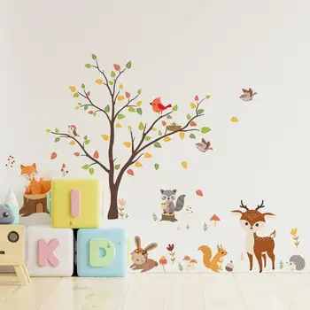 Cartoon Strom Samolepky na Stenu detské Dom Maľovanie Líška, Jeleň Lesný Zvierat Pozadí Dekorácie Obrázok 1