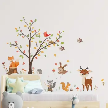 Cartoon Strom Samolepky na Stenu detské Dom Maľovanie Líška, Jeleň Lesný Zvierat Pozadí Dekorácie Obrázok 3