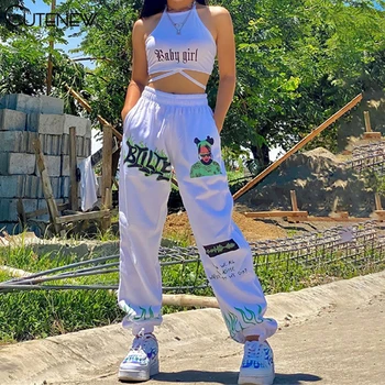 Cutenew Harajuku Štýl Hip-Hop Grafický Tlač Hárem Nohavice Ženy Jeseň Príležitostné Voľné Vysoký Pás Sports Lady Nohavice Streetwear
