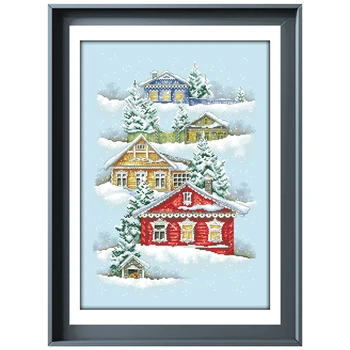 Farebné domy v zime cross stitch súpravy snehové vločky dezén 18ct 14ct 11ct skyblue plátno výšivky DIY vyšívanie Obrázok 0