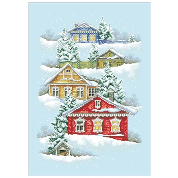 Farebné domy v zime cross stitch súpravy snehové vločky dezén 18ct 14ct 11ct skyblue plátno výšivky DIY vyšívanie Obrázok 1