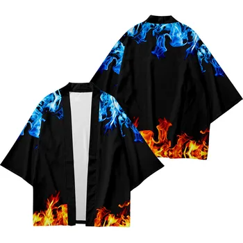 Haori Yukata Muži ženy Kimono Cardigan Streetwear Voľné Pléd, Tlač Chlapec dievčatá Plášť modrý plameň Topy Deti Košele