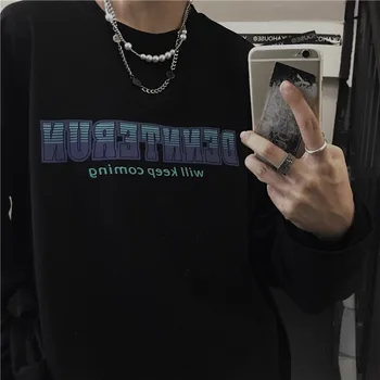 Hip Hop American High Street Jednoduchý List Tlač Dlhý Rukáv T-Shirt Unisex Harajuku Retro Pár Mestských Kpop Top Grunge Oblečenie Obrázok 3