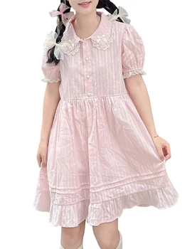 Japonský Mäkké Dievčatá Roztomilý Lolita Šaty Letné Bežné Vintage Turn-up Golier Pevné Čipky Vysoký Pás A-line Bublina Rukáv Šaty