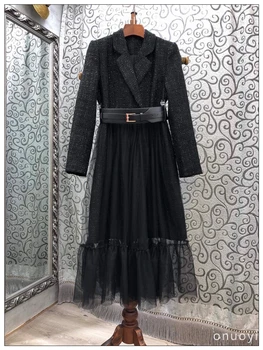 Jeseň Dráhy Ženy Black Tweed Dlhý Oblek Šaty Vysoko Kvalitný Elegantný Drážkou Prehrabať Oka Patchwork Vlnené Sako Šaty Vestidos