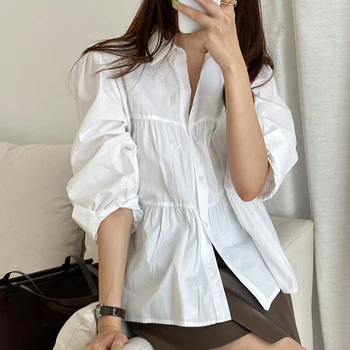Kórejský Bežné Klasická Blúzka Ženy 2021 Lístkového Dlhý Rukáv Biele Blúzky Single-breasted Skladaný Košele Nadrozmerné Voľné Topy 15486 Obrázok 5