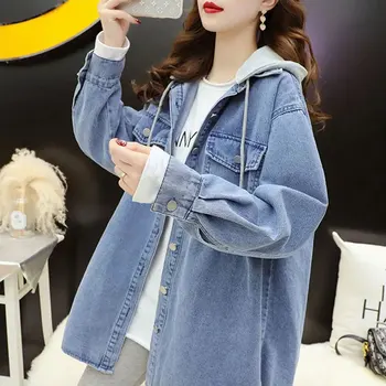 Móda Blue Jean Bunda Ženy Kórejský Odnímateľnou Kapucňou Denim Jacket Voľné Polovice Dĺžky Denim Hornej 2022 Jar Dlhé Rukávy Kabát Obrázok 2