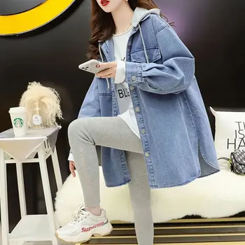 Móda Blue Jean Bunda Ženy Kórejský Odnímateľnou Kapucňou Denim Jacket Voľné Polovice Dĺžky Denim Hornej 2022 Jar Dlhé Rukávy Kabát Obrázok 3