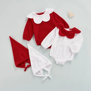 Novorodenca Dievča Vianočné Červené a Biele LongRomper Dieťa Vianoce Spodnej časti Modulu Jumpsuit+Santa Klobúk Nastaviť