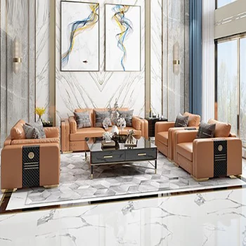 Taliansky štýl modernej svetlo luxusné kožené masívneho dreva pohovka kombinácia villa obývacia izba luxusné jednoduché Hong Kong štýl mäkké