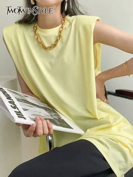 TWOTWINSTYLE Príležitostné Voľné Mini Šaty Pre Ženy okolo Krku bez Rukávov Pevné Minimalistické Šaty Žena kórejský Módne Oblečenie Nové