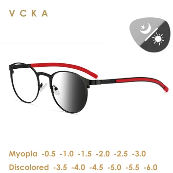 VCKA Módne Modré Svetlo Blokuje Photochromic Sivá Krátkozrakosť Okuliare Muži Ženy Kolo Predpis Okuliarov Diopter -0.50 Na -6.0