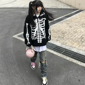 Y2k Oblečenie Čierny Lebkový Mikina Ženy Harajuku Sudaderas Para Mujer Goth Nadrozmerné Anime S Kapucňou, Grunge Estetické Streetwear Obrázok 0