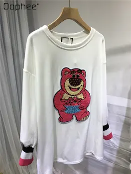 Ťažký Priemysel Korálky Klesnutie Tričko dámske Cartoon Medveď Kartáčovaný Biele tričko Voľné Strednej Dĺžky Jeseň a Zimu Vnútorné Nosenie Top