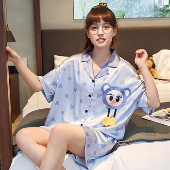 Ženy Sleepwear Hodváb Krátke Letné Pyžamo Cartoon Pajama Voľné Verzia Nastaviť Rukávy Šortky Vyhovovali Plus Veľkosť XXXL Obrázok 3