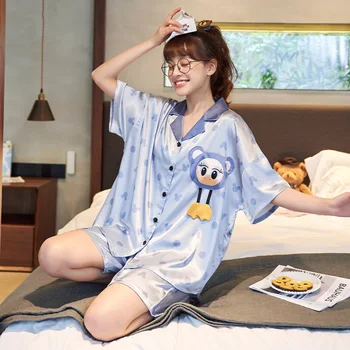 Ženy Sleepwear Hodváb Krátke Letné Pyžamo Cartoon Pajama Voľné Verzia Nastaviť Rukávy Šortky Vyhovovali Plus Veľkosť XXXL Obrázok 4