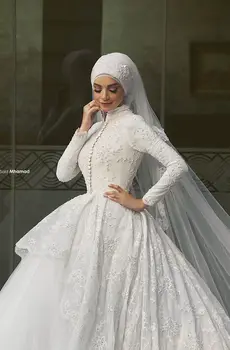 Župan Mariage de Hidžáb Svadobné Šaty s Dlhým Rukávom plesové Šaty, Svadobné Šaty 2016 Vysoká Krku Čipky Vestidos de Noiva